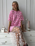 2025 New Sexy Women's Long Love Mesh Splicing Loose Short-Sleeved T-Shirt Dress HZ1208
