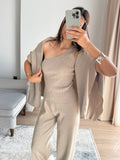 Exploding Lazy Knitted Casual Sweater Gray Camel Two-Color High-End One-Shoulder Vest With Wide-Legged Trousers HZ1208